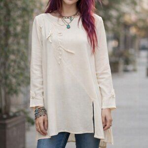 Tiar Bellomo Retro Vintage Long Sleeve Boho Blouse Cream, Size Medium